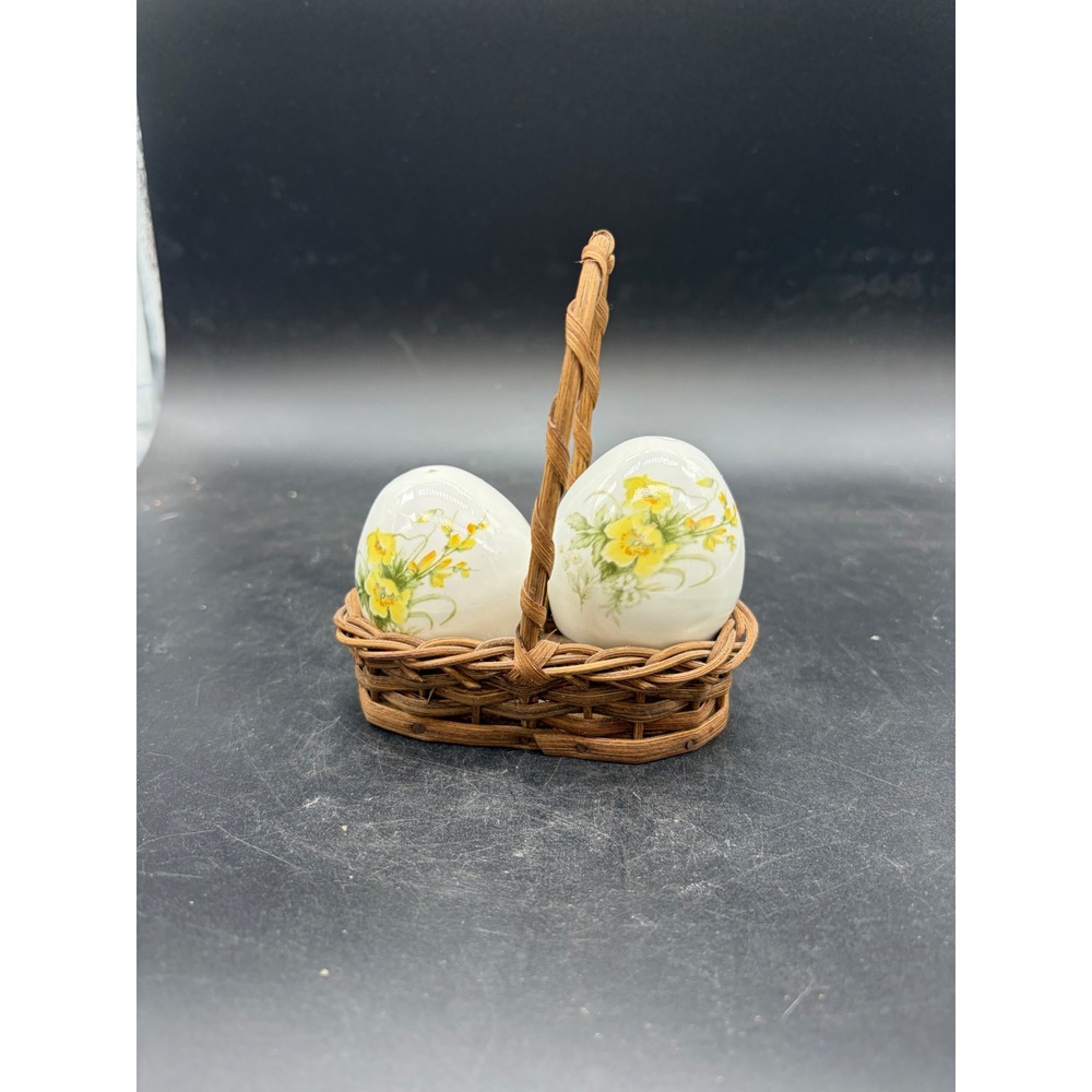 Sandford Fine Bone China Egg‎ Salt and Pepper Shakers Yellow Floral with Basket